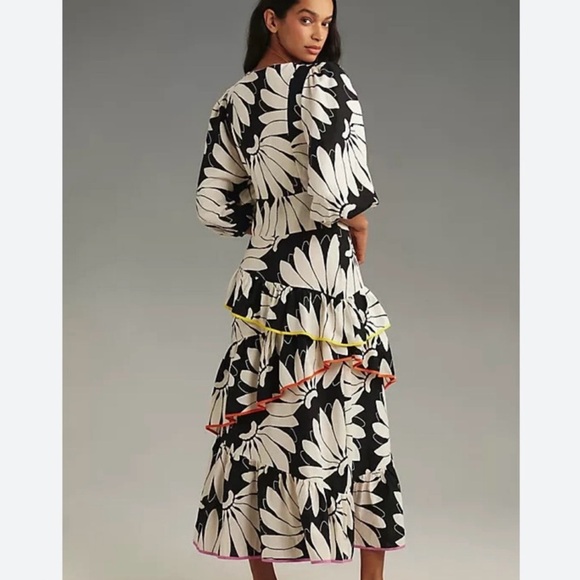 FARM RIO Black / White Floral Midi Dress with Red and Yellow Trim Ruffle Accents - Picture 2 of 5